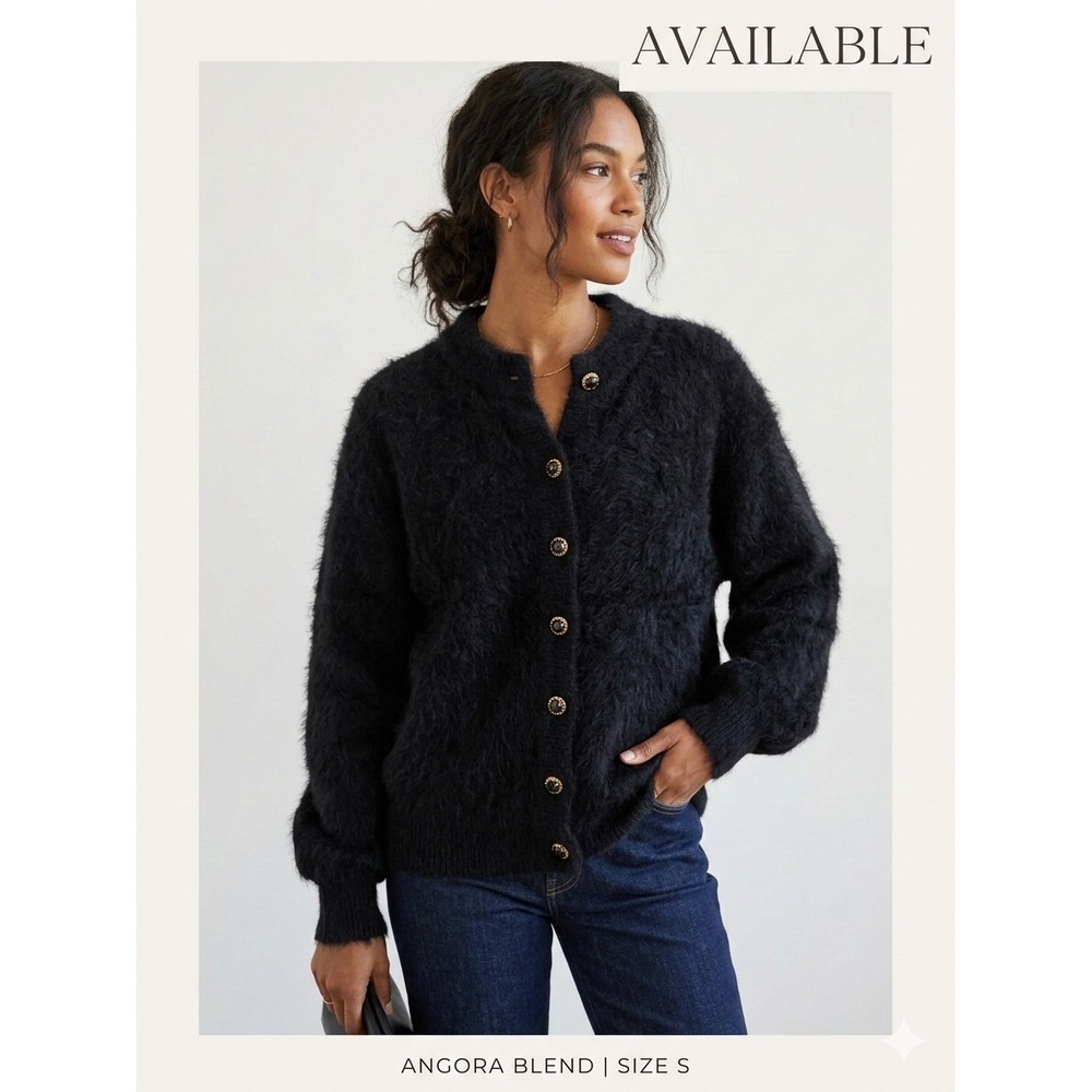 Belldini Vintage Angora Blend Fuzzy Cardigan Sweater Black Lined Gold Button L